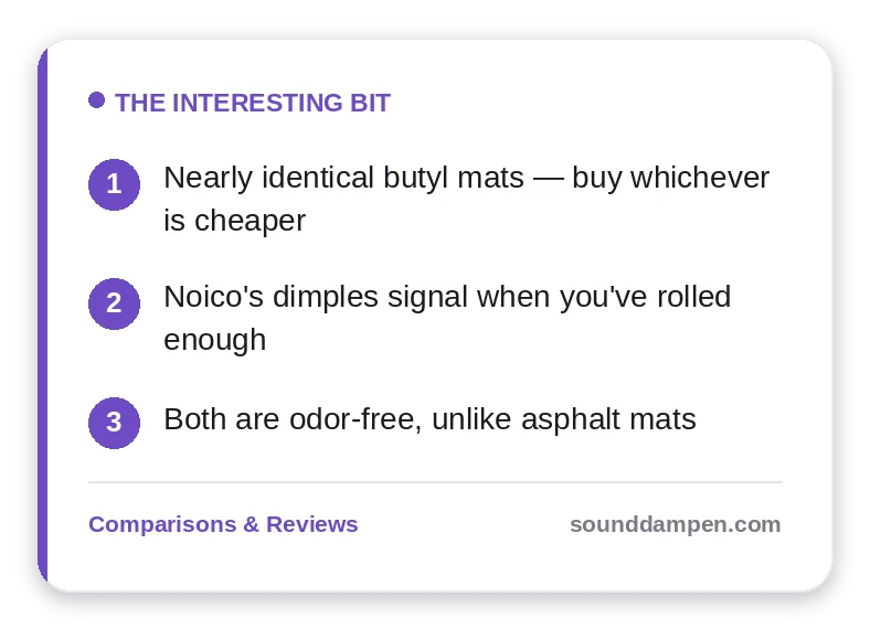 The Interesting Bit: key takeaways — Nearly identical butyl mats — buy whichever is cheaper