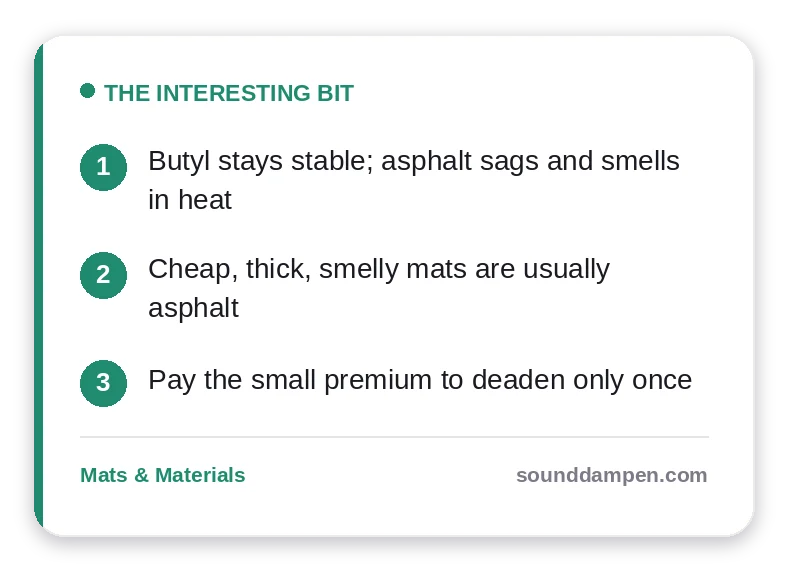 The Interesting Bit: key takeaways — Butyl stays stable; asphalt sags and smells in heat